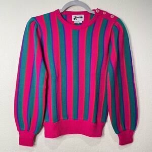 Vintage 70s 80s Pink Green Stripe Wool Blend Knit Pullover Sweater Mod Retro M
